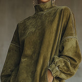 24-Hour-Shipping Olive Faux Suede Turtleneck Dress With Fringe Hem