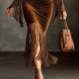 24-Hour-Shipping Brown Velvet Turtleneck Cutout Fringe Long Sleeve Bodycon Dress