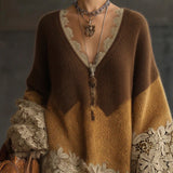 24-Hour-Shipping Brown Ombre Knit Lace Oversized Long Sleeve Mini Dress