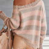 24-Hour-Shipping Pink And Taupe Striped Mohair Sweater With Lace Trim