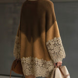 24-Hour-Shipping Brown Ombre Knit Lace Oversized Long Sleeve Mini Dress