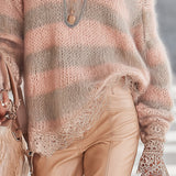 24-Hour-Shipping Pink And Taupe Striped Mohair Sweater With Lace Trim