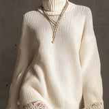 24-Hour-Shipping White Turtleneck Knit Mini Dress With Lace Trim