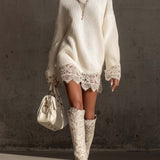 24-Hour-Shipping White Turtleneck Knit Mini Dress With Lace Trim