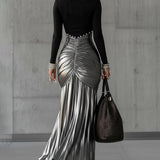 24-Hour-Shipping Black Round Neck Metallic Silver Pleated Maxi Dress