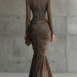 24-Hour-Shipping Brown Leopard Print Pleated Cutout Maxi Dress