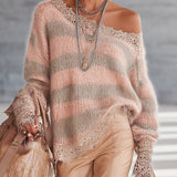 24-Hour-Shipping Pink And Taupe Striped Mohair Sweater With Lace Trim