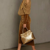 24-Hour-Shipping Light Brown Velvet Bodycon Maxi Dress With Chiffon Blouse Set