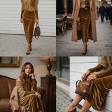 24-Hour-Shipping Light Brown Velvet Bodycon Maxi Dress With Chiffon Blouse Set