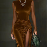 24-Hour-Shipping Emerald Green Velvet Mesh Sleeve High Slit Maxi Dress