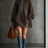 24-Hour-Shipping Brown Faux Suede Fleece High-Neck Zip-Up Oversized Mini Dress