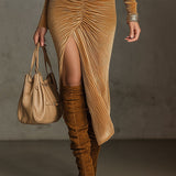 24-Hour-Shipping Camel Velvet Openwork Long Sleeve Bodycon Dress