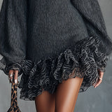 24-Hour-Shipping Gray Knit Mini Dress With Ruffled V-Neckline And Chiffon Hem