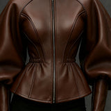 24-Hour-Shipping Brown Faux Leather Jacket With Balloon Sleeves