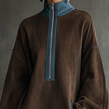 24-Hour-Shipping Brown Faux Suede Fleece High-Neck Zip-Up Oversized Mini Dress
