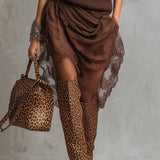 24-Hour-Shipping Chocolate Knit Off Shoulder Tulle Long Sleeve Midi Dress