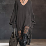 24-Hour-Shipping Charcoal Gray V-Neck Knit Mesh Long Sleeve Midi Dress