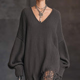 24-Hour-Shipping Charcoal Gray V-Neck Knit Mesh Long Sleeve Midi Dress