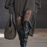 24-Hour-Shipping Charcoal Gray V-Neck Knit Mesh Long Sleeve Midi Dress