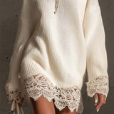 24-Hour-Shipping White Turtleneck Knit Mini Dress With Lace Trim