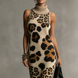 24-Hour-Shipping Brown Irregular Leopard Print Knitted Tassel Sleeveless Maxi Dress