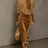 24-Hour-Shipping Light Brown Velvet Bodycon Maxi Dress With Chiffon Blouse Set