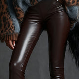24-Hour-Shipping Brown Faux Leather Pants
