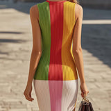 24-Hour-Shipping Colorful Block Stitching Sleeveless Midi Knit Dress