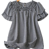 Kristel Vintage Flowy Checkered Puff Sleeve Blouse | Timeless Retro Top