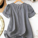 Kristel Vintage Flowy Checkered Puff Sleeve Blouse | Timeless Retro Top