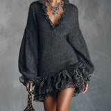 24-Hour-Shipping Gray Knit Mini Dress With Ruffled V-Neckline And Chiffon Hem
