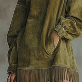 24-Hour-Shipping Olive Faux Suede Turtleneck Dress With Fringe Hem