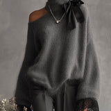 24-Hour-Shipping Gray Mohair Knit Sweater With Lace Cuffs