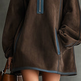 24-Hour-Shipping Brown Faux Suede Fleece High-Neck Zip-Up Oversized Mini Dress