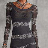 24-Hour-Shipping Gray And White Knit Bodycon Dress With Leopard Stripe Detailing