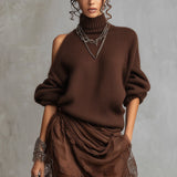 24-Hour-Shipping Chocolate Knit Off Shoulder Tulle Long Sleeve Midi Dress