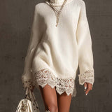 24-Hour-Shipping White Turtleneck Knit Mini Dress With Lace Trim