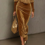 24-Hour-Shipping Light Brown Velvet Bodycon Maxi Dress With Chiffon Blouse Set