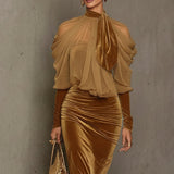 24-Hour-Shipping Light Brown Velvet Bodycon Maxi Dress With Chiffon Blouse Set