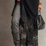 24-Hour-Shipping Black Loose Fit Mohair Knit Midi Dress With Lace Hem
