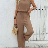 Zella™ Elegant Two-Piece Set | Lace-Trimmed Top and Wide-Leg Trousers