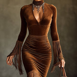 24-Hour-Shipping Brown Velvet Turtleneck Cutout Fringe Long Sleeve Bodycon Dress
