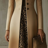 24-Hour-Shipping Khaki Ombre Leopard Print Long Coat With Gradient Detail