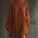 24-Hour-Shipping Orange Corduroy Loose Tassel Hem High Collar Dress