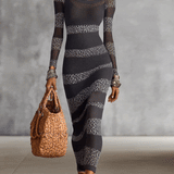 24-Hour-Shipping Gray And White Knit Bodycon Dress With Leopard Stripe Detailing