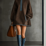 24-Hour-Shipping Brown Faux Suede Fleece High-Neck Zip-Up Oversized Mini Dress