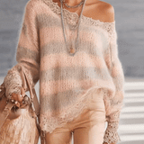 24-Hour-Shipping Pink And Taupe Striped Mohair Sweater With Lace Trim