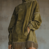 24-Hour-Shipping Olive Faux Suede Turtleneck Dress With Fringe Hem