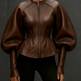 24-Hour-Shipping Brown Faux Leather Jacket With Balloon Sleeves