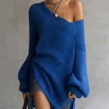 24-Hour-Shipping Blue Off‑Shoulder Mohair Sweater Dress With Lace Hem